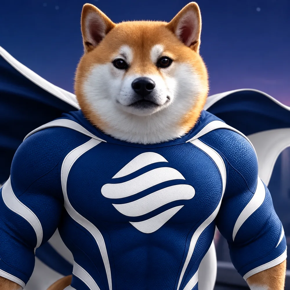 Float Inu: a muscular shiba in a navy float suit with a white float mark on the chest and a blue-and-white cape